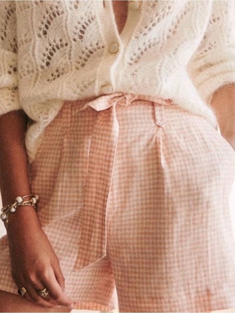 Sezane Pink Gingham High-Waist Tie Shorts 36
